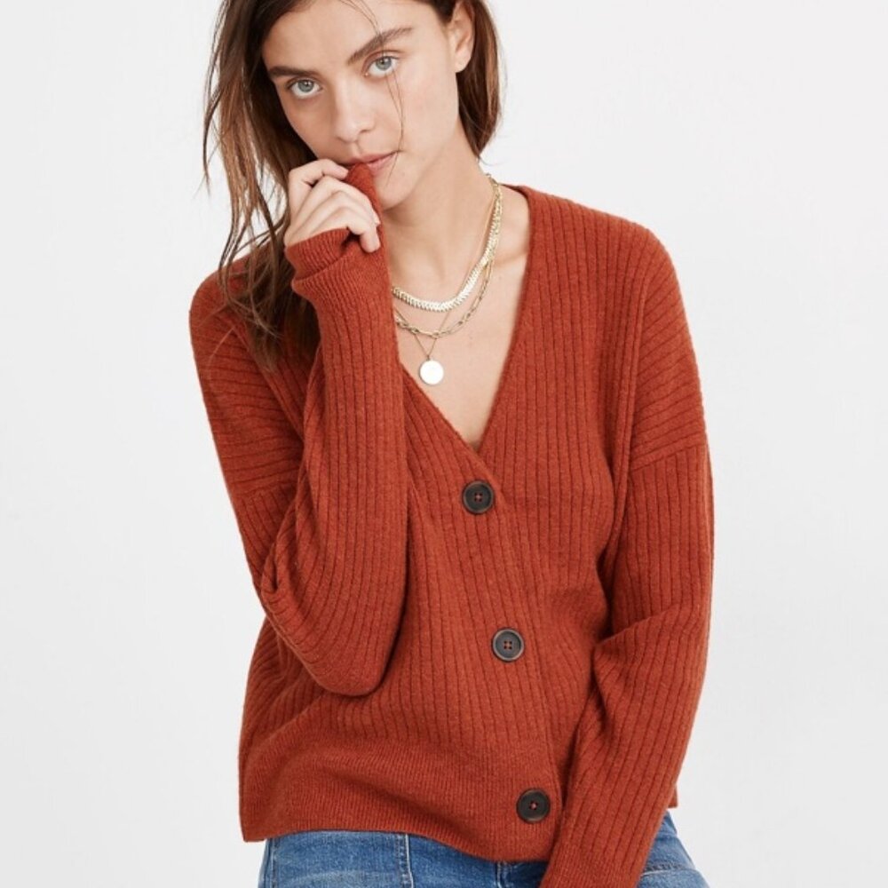 Madewell Cameron Ribbed Cardigan Sweater in Coziest Yarn in Heather Brick XS